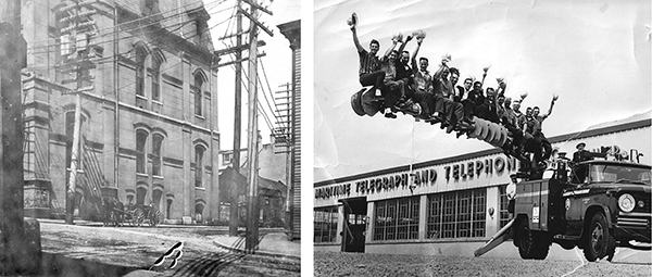 Left – Telephone lines in Halifax, ca.1900. Right – Maritime Telegraph and Telephone Company team members, Nova Scotia, 1967.