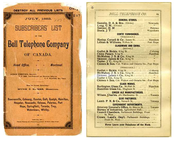 Rubrique de l’annuaire du département de l’Ontario de 1883 (ce document n’était pas disponible en français au moment de sa production). 