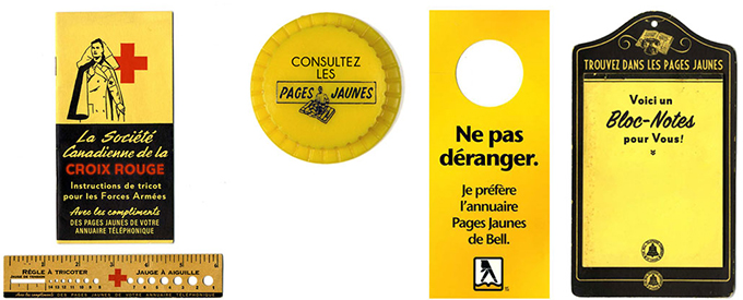 Cadeaux et articles promotionnels des Pages Jaunes : instructions de tricot et règle, bouchon de boisson gazeuse, affichette de porte et bloc-notes (Certaines des images ont été modifiées aux fins de l’article).